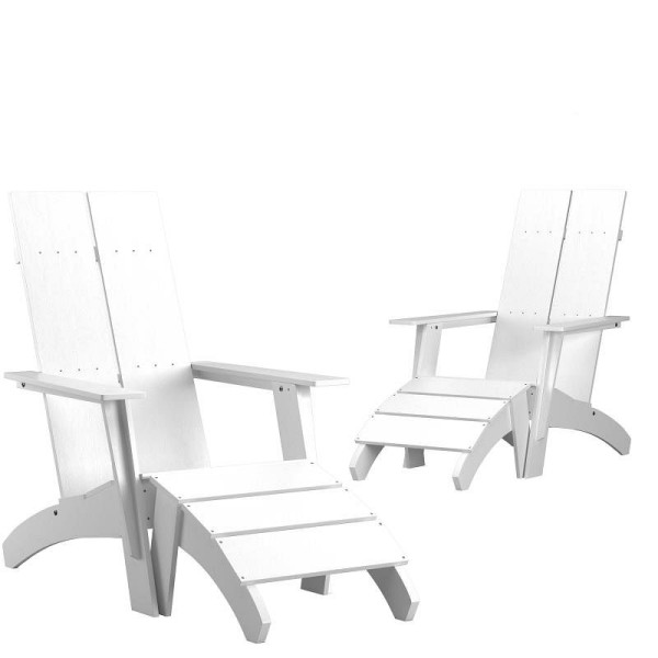 Flash Furniture Set of 2 Sawyer Modern All-Weather Poly Resin Wood Adirondack Chairs with Foot Rests in White, 2-JJ-C14509-14309-WH-GG