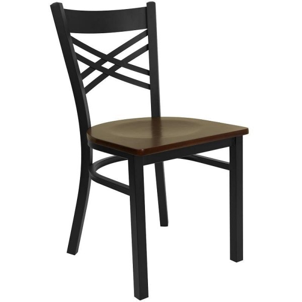 Flash Furniture HERCULES Series Black ''X'' Back Metal Restaurant Chair - Mahogany Wood Seat, XU-6FOBXBK-MAHW-GG