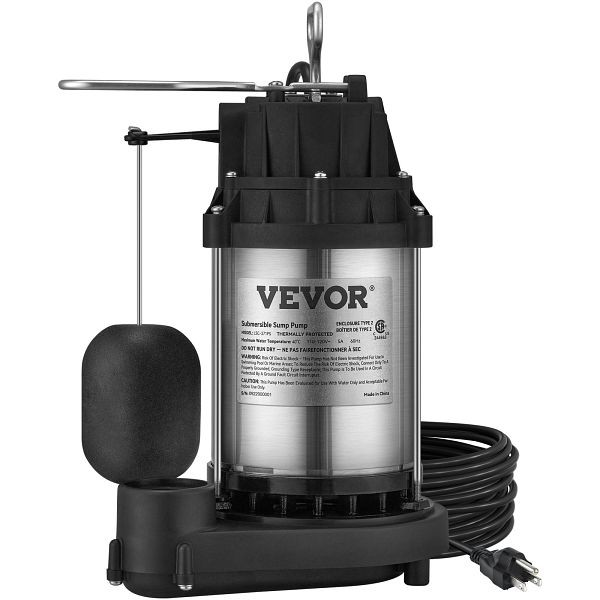 VEVOR Submersible Sump Pump Water Pump 1/2 HP 4320GPH Cast Iron Steel Basement, WSBBX05HP110V2M4TV1