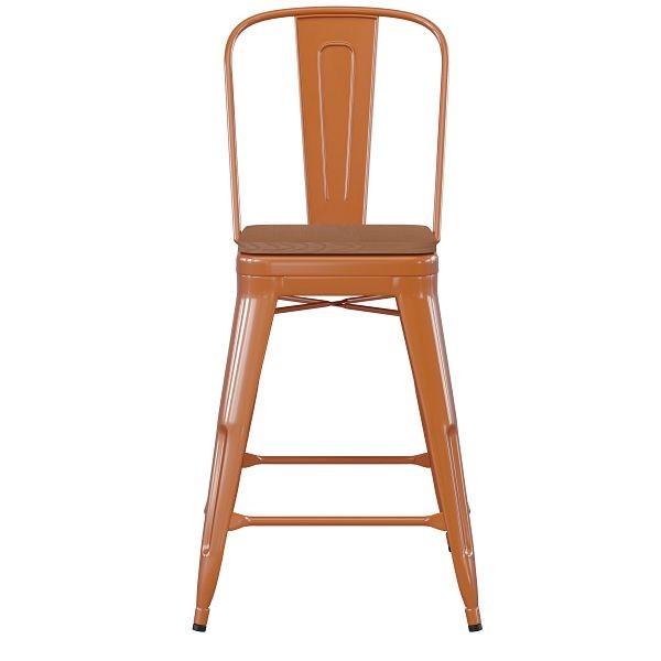 Flash Furniture Kai Commercial 24" High Orange Metal Indoor-Outdoor Counter Height Stool, Removable Back, Teak Poly Resin Seat, CH-31320-24GB-OR-PL2T-GG