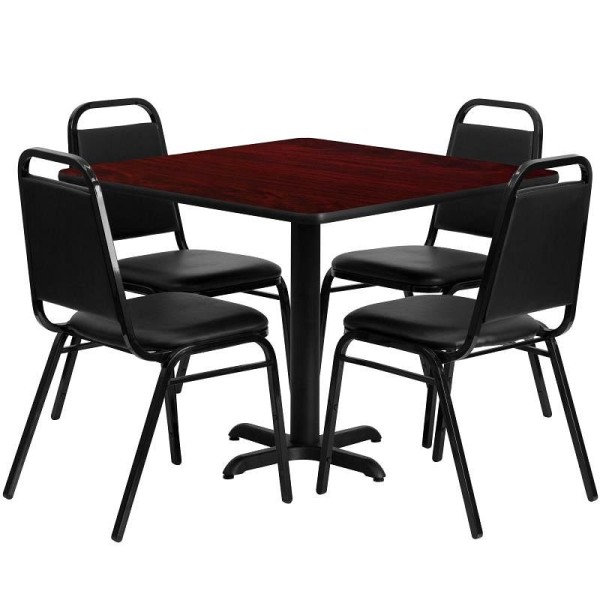 Flash Furniture Carlton 36'' Square Mahogany Laminate Table Set with X-Base and 4 Black Trapezoidal Back Banquet Chairs, HDBF1010-GG