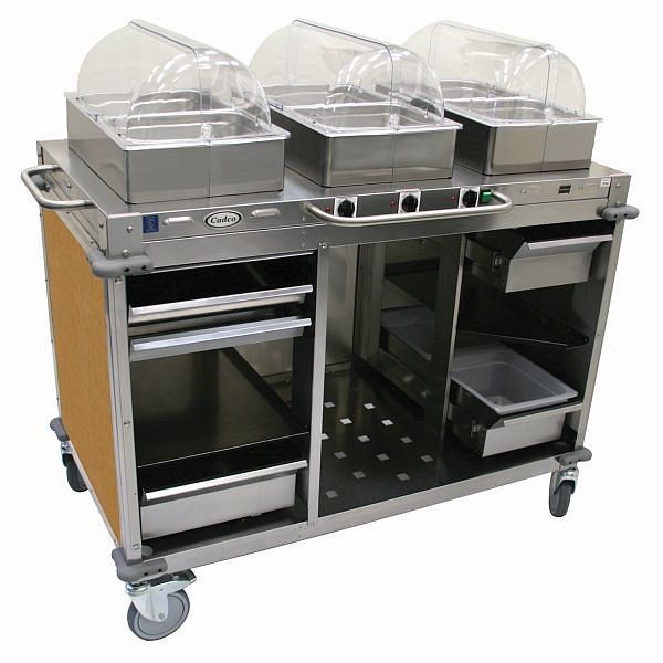 Cadco MobileServ 3 Bay Cart, includes 4" High Half Size Stainles Steel Steam Pans, Stainless / Chestnut Laminate Panels, CBC-HHH-L1-4