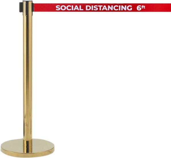 AARCO Form-A-Line™ System with 7' Belt, Brass Finish with Printed Red Belt, "SOCIAL DISTANCING 6FT", HB-7PRD