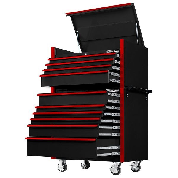 Extreme Tools DX Series 41" 4 Drawer Top Chest & 6 Drawer 25" Deep Roller Cabinet Combo - Black with Red Drawer Pulls, DX4110CRKR