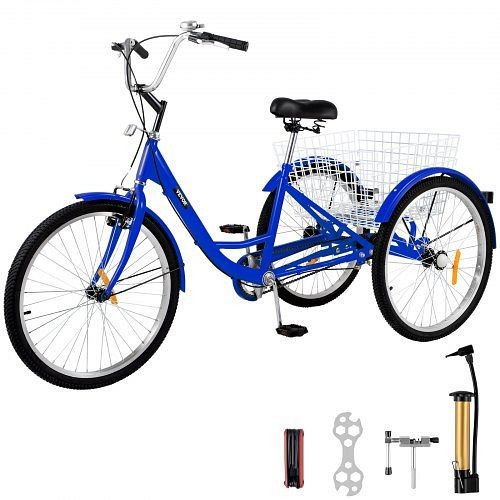 VEVOR Adult Tricycle 24" 1-Speed 3 Wheel Blue Exercise Shopping Bicycle Large Basket, ZXCSLC24YC1SLB001V0
