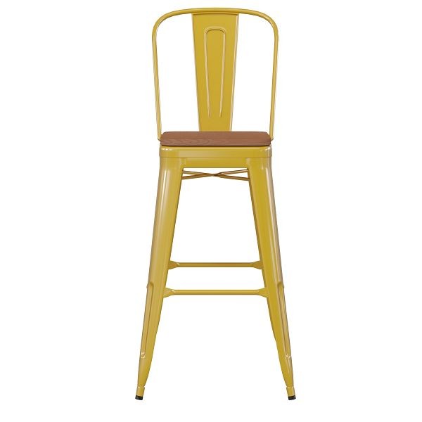 Flash Furniture Kai Commercial 30" Yellow Metal Indoor-Outdoor Bar Height Stool, Removable Back, Teak Poly Resin Seat, CH-31320-30GB-YL-PL2T-GG