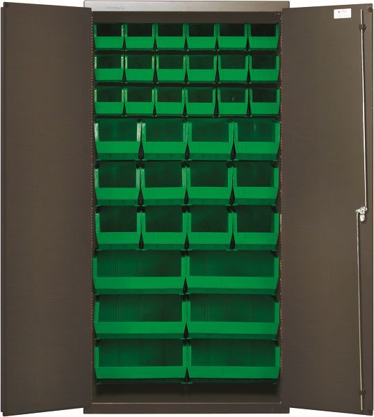 Quantum Storage Systems Heavy-Duty 36" Bin Cabinet, 36"W x 18"D x 72"H, includes (36) green bins, gray powder-coated finish, QSC-36-FDGN