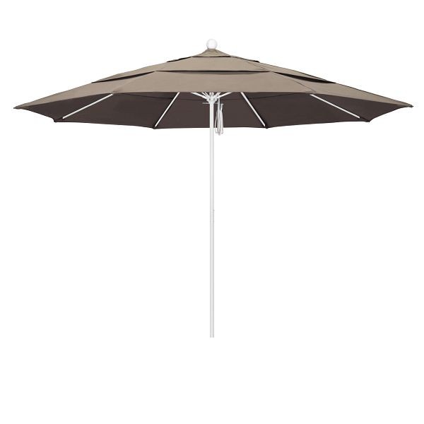California Umbrella 11' Venture Series Patio Umbrella, Matted White Aluminum Pole, Pulley Lift, Sunbrella 1A Taupe Fabric, ALTO118170-5461-DWV