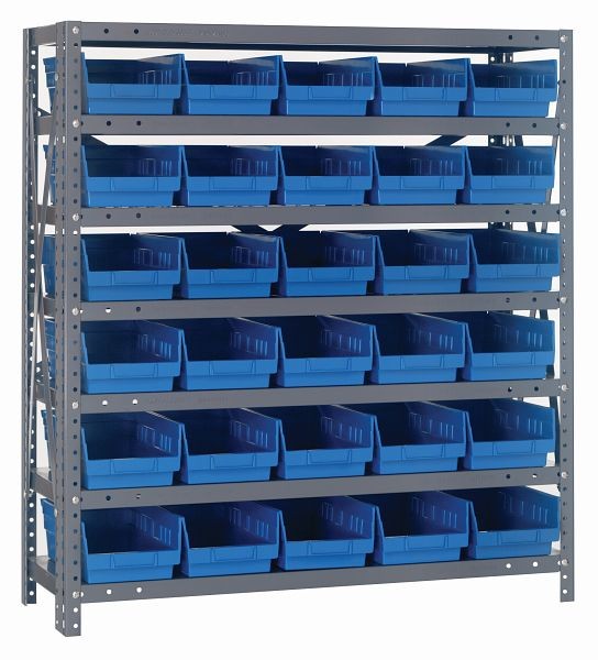 Quantum Storage Systems Shelving Unit, 12x36x39", 400 lb capacity per shelf (7), 30 QSB102 blue black bins, galvanized steel, 1239-102BL