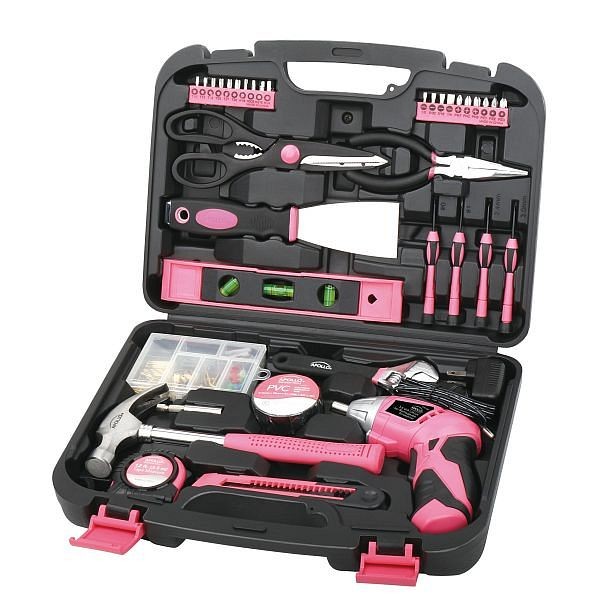 Apollo Tools 135 Piece Household Tool Kit Pink with Pivoting Dual-Angle 3.6 Volt Lithium-Ion Cordless Screwdriver, DT0773N1