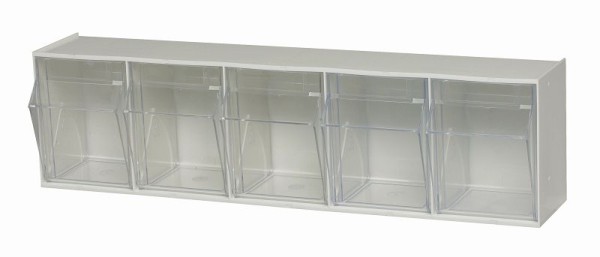 Quantum Storage Systems Tip Out Bin, (5) compartment, opens to a 45° angle, plastic clear container, polystyrene white cabinet, QTB305WT