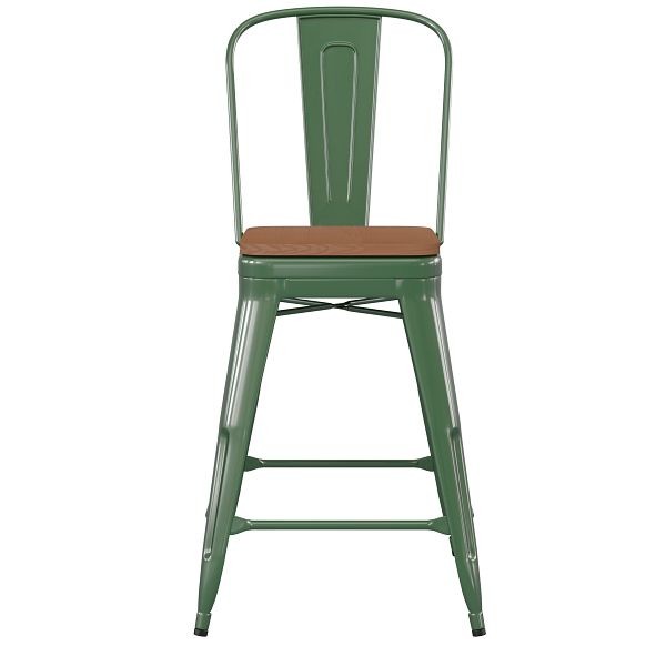 Flash Furniture Kai Commercial 24" High Green Metal Indoor-Outdoor Counter Height Stool, Removable Back, Teak Poly Resin Seat, CH-31320-24GB-GN-PL2T-GG