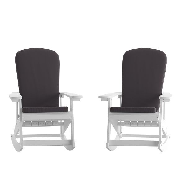 Flash Furniture Savannah All-Weather Poly Resin Wood Adirondack Rocking Chairs in White with Gray Cushions for Deck, Set of 2, 2-JJ-C14705-CSNGY-WH-GG