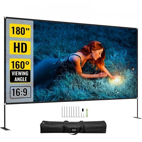 VEVOR Movie Screen with Stand 180" Portable Projector Screen 16:9 4K HD Wide Angle Outdoor Projector Screen, DSTPMYC180WDPDVTFV0