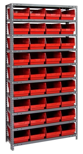Quantum Storage Systems Shelving Unit, 18x36x75", 400 lb capacity per shelf (13), 36 QSB208 red black bins, galvanized steel, 1875-208RD