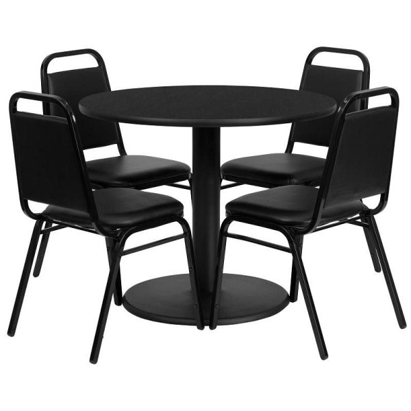 Flash Furniture Jamie 36'' Round Black Laminate Table Set with Round Base and 4 Black Trapezoidal Back Banquet Chairs, RSRB1001-GG