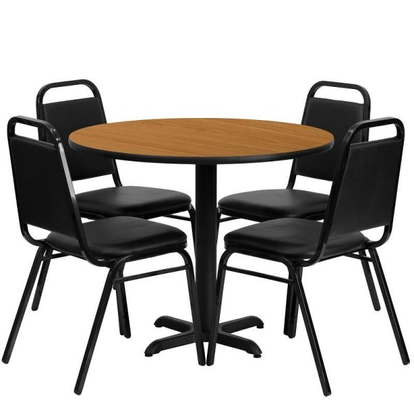 Flash Furniture Carlton 36'' Round Natural Laminate Table Set with X-Base and 4 Black Trapezoidal Back Banquet Chairs, HDBF1003-GG
