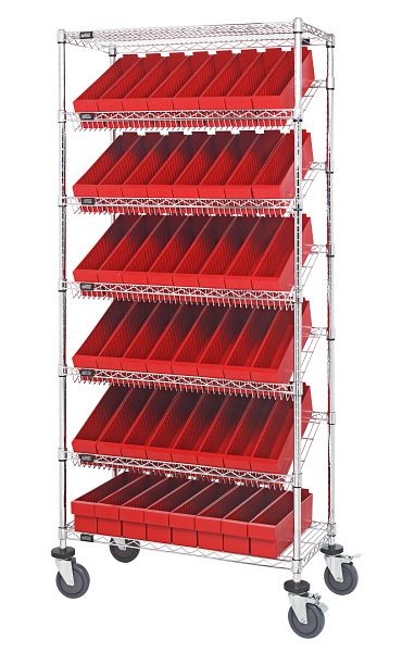Quantum Storage Systems Bin Systems Unit, mobile, includes (7) wire shelves, (48) red bins (QED604) & (4) 5" casters, chrome finish, MWRS-7-604RD