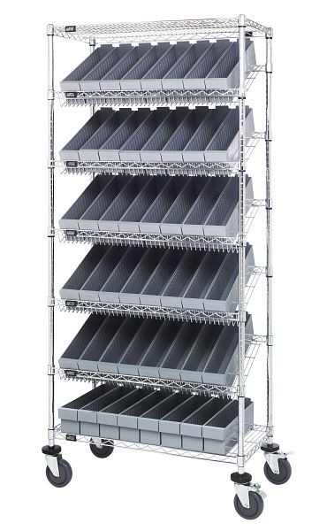 Quantum Storage Systems Bin Systems Unit, mobile, includes (7) wire shelves, (48) gray bins (QED604) & (4) 5" casters, chrome finish, MWRS-7-604GY