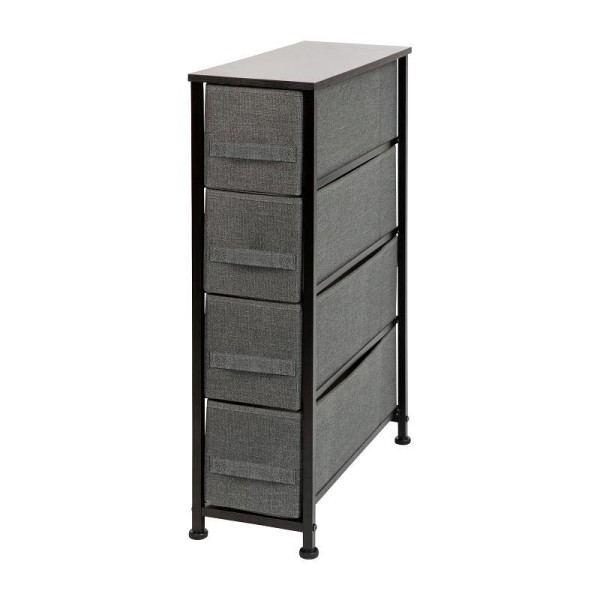 Flash Furniture Harris 4 Drawer Slim Wood Top Black Cast Iron Frame Dresser Storage Tower with Dark Gray Easy Pull Fabric Drawers, WX-5L203-BK-GR-GG