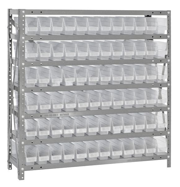 Quantum Storage Systems Shelving Unit, 12x36x39", 400 lb capacity per shelf (7), 72 QSB100 clear black bins, cross bars, galvanized steel, 1239-100CL