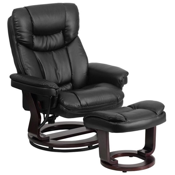 Flash Furniture Allie Contemporary Multi-Position Recliner and Curved Ottoman with Swivel Mahogany Wood Base in Black LeatherSoft, BT-7821-BK-GG