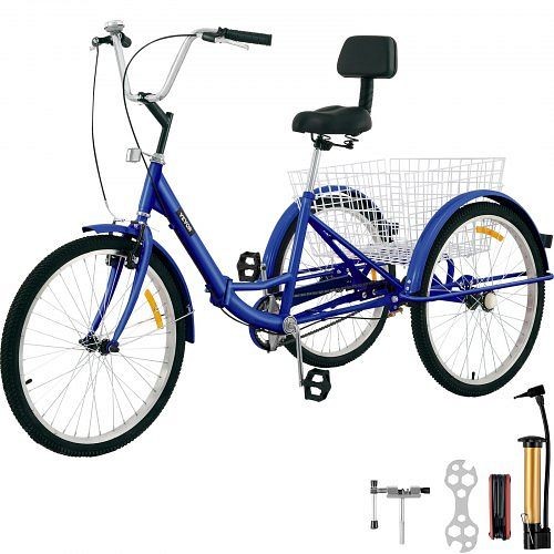 VEVOR Foldable Tricycle Adult 24" Wheels Adult Tricycle 1-Speed 3 Wheel Bikes for Adults, Blue, ZDCLC24C1SBLUE001V0