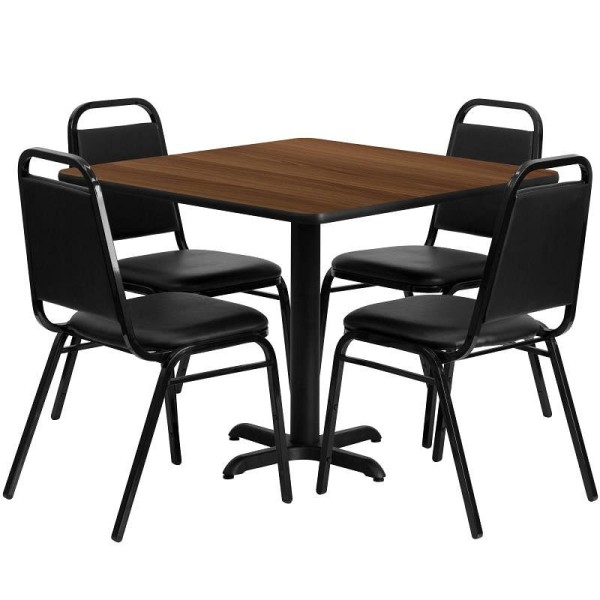 Flash Furniture Carlton 36'' Square Walnut Laminate Table Set with X-Base and 4 Black Trapezoidal Back Banquet Chairs, HDBF1012-GG