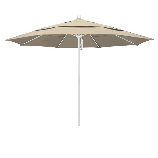 California Umbrella 11' Venture Series Patio Umbrella, Matted White Aluminum Pole, Pulley Lift, Sunbrella 1A Beige Fabric, ALTO118170-5422-DWV