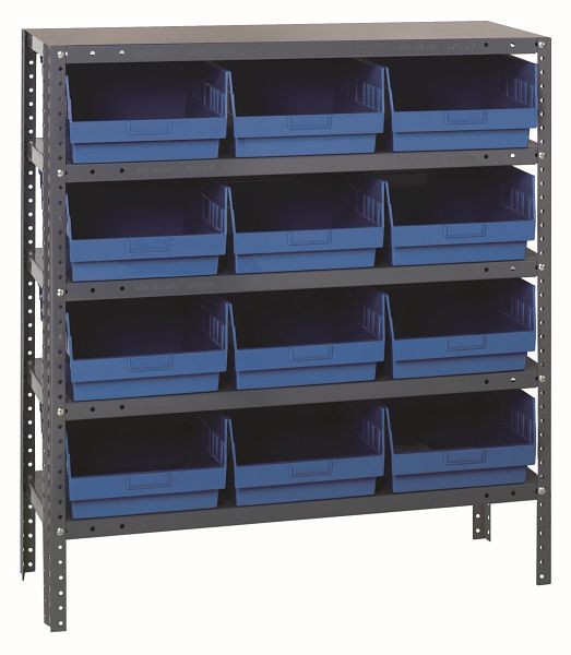 Quantum Storage Systems Shelving Unit, 18x36x39", 400 lb capacity per shelf (5), 12 QSB210 blue black bins, galvanized steel, 1839-210BL