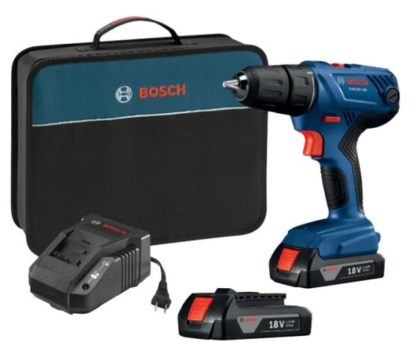 Bosch 18 V Compact 1/2 Inches Drill/Driver Kit with (2) 1.5 Ah SlimPack Batteries, 06019H1010