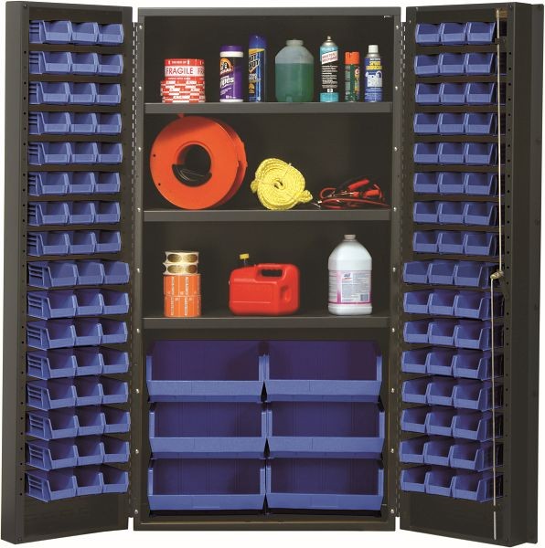 Quantum Storage Systems Heavy-Duty 36" Bin Cabinet, 800 lb. capacity, includes (3) adjustable shelves, (102) blue bins, gray finish, QSC-36SBL