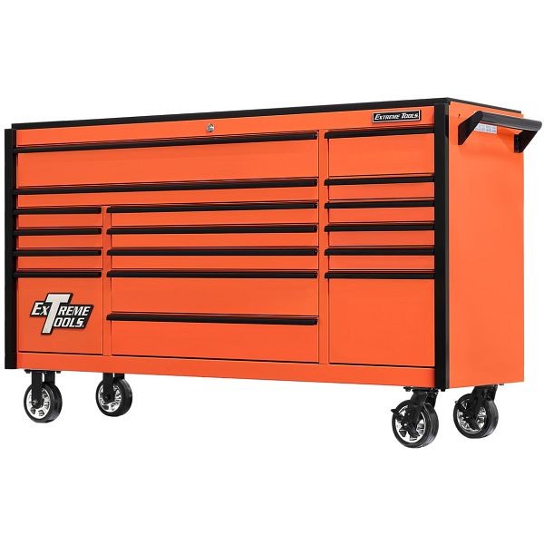Extreme Tools DX Series 72"W x 21"D 17 Drawer Triple Bank Roller Cabinet 100 lbs Slides Orange with Black Drawer Pulls, DX722117RCORBK