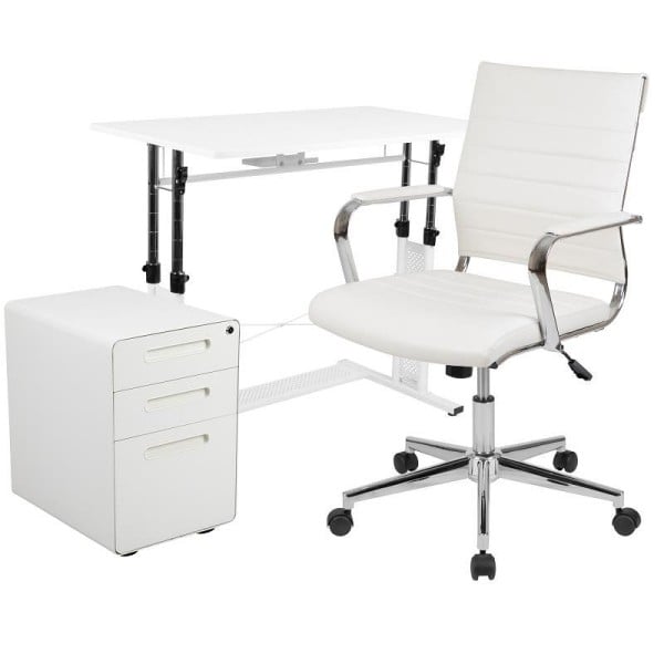 Flash Furniture Stiles Work From Home Kit-White Adjustable Computer Desk, LeatherSoft Office Chair & Inset Handle Filing Cabinet, BLN-NAN219AP595M-WH-GG