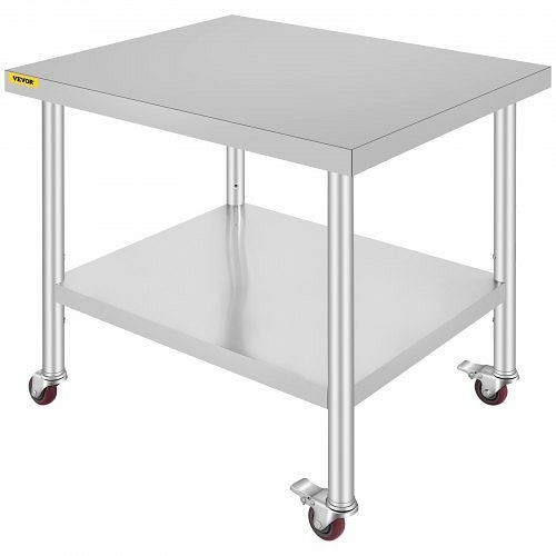 VEVOR Stainless Steel Work Table 30 x 36 x 34 In with Wheel Food Prep Commercial Grade 2 Layers, CFGZT30X36X34YC01V0