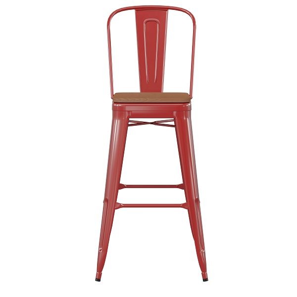 Flash Furniture Kai Commercial 30" Red Metal Indoor-Outdoor Bar Height Stool, Removable Back, Teak Poly Resin Seat, CH-31320-30GB-RED-PL2T-GG