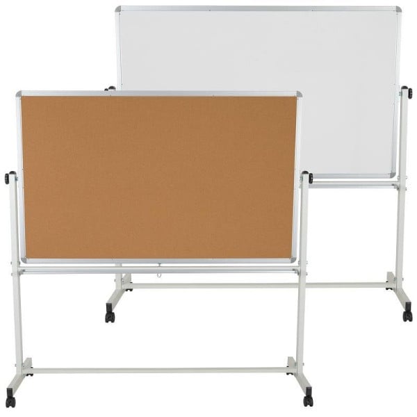 Flash Furniture HERCULES Series 64.25"W x 64.75"H Reversible Mobile Cork Bulletin Board and White Board with Pen Tray, YU-YCI-005-CK-GG