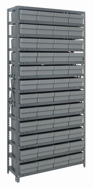 Quantum Storage Systems Shelving Unit, 18x36x75", 400 lb capacity per shelf (13), 48 QED606 gray black bins, cross bars, galvanized steel, 1875-606GY