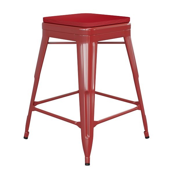 Flash Furniture Kai Commercial 24" High Backless Red Metal Indoor-Outdoor Counter Height Stool with Red Poly Resin Wood Seat, CH-31320-24-RED-PL2R-GG