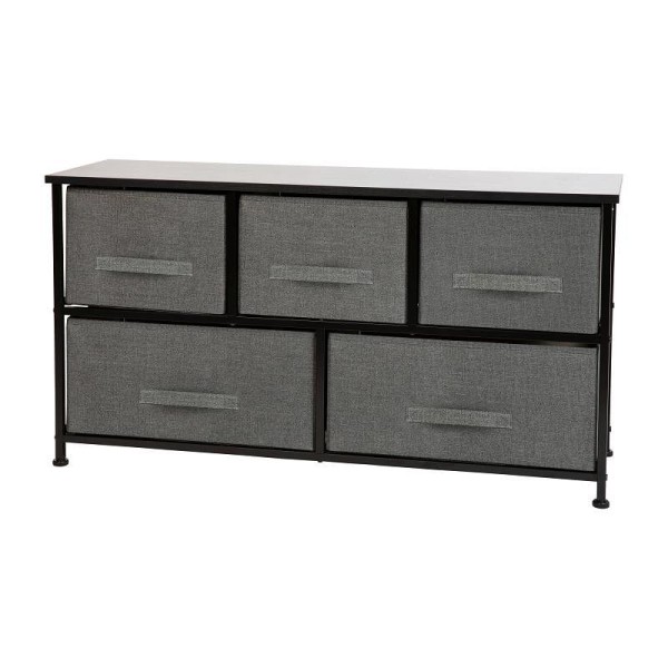 Flash Furniture Harris 5 Drawer Wood Top Black Cast Iron Frame Vertical Storage Dresser with Dark Gray Easy Pull Fabric Drawers, WX-5L206-X-BK-GR-GG