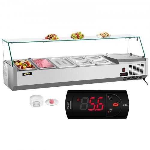 VEVOR Countertop Refrigerated Salad Pizza Prep Station with Glass Shield 7 Pans, BLZBXGL55110V4XT1V1