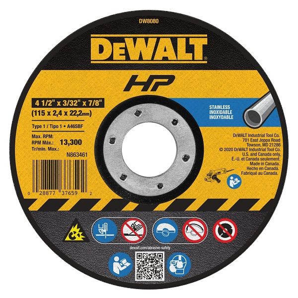 DeWalt 4-1/2" x 3/32" x 7/8" Stainless Steel Cutting Wheels Contaminant-Free, DW8080