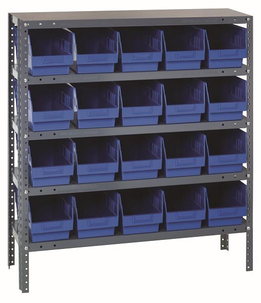 Quantum Storage Systems Shelving Unit, 12x36x39", 400 lb capacity per shelf (5), 20 QSB202 blue black bins, galvanized steel, 1239-202BL
