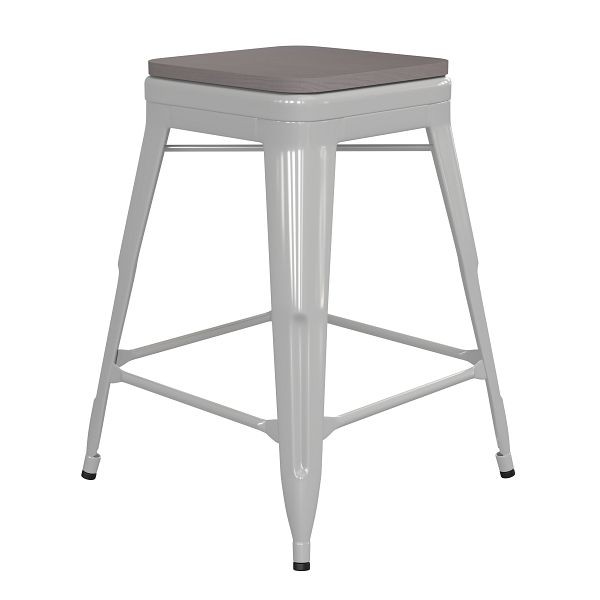 Flash Furniture Kai Commercial 24" High Backless White Metal Indoor-Outdoor Counter Height Stool with Gray Poly Resin Wood Seat, CH-31320-24-WH-PL2G-GG