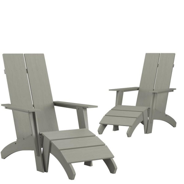 Flash Furniture Set of 2 Sawyer Modern All-Weather Poly Resin Wood Adirondack Chairs with Foot Rests in Gray, 2-JJ-C14509-14309-GY-GG