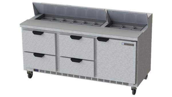 Beverage-Air Food Prep Table with Drawers, Exterior Dimensions: WxDxH: 72"W x 32"D x 45 1/8"H with Casters, 1 Door, SPED72HC-18-4