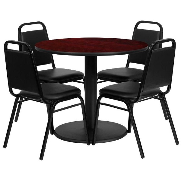 Flash Furniture Jamie 36'' Round Mahogany Laminate Table Set with Round Base and 4 Black Trapezoidal Back Banquet Chairs, RSRB1002-GG