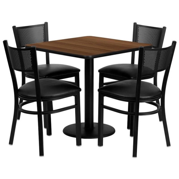 Flash Furniture Clark 30'' Square Walnut Laminate Table Set with 4 Grid Back Metal Chairs - Black Vinyl Seat, MD-0005-GG