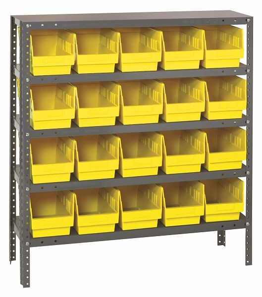 Quantum Storage Systems Shelving Unit, 12x36x39", 400 lb capacity per shelf (5), 20 QSB202 yellow black bins, galvanized steel, 1239-202YL