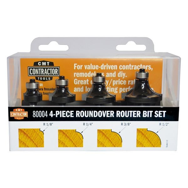 CMT Orange Tools Set Roundover Bits Z2 Shank 1/4" R=1/8", 1/4", 3/8", 1/2", 4 Pieces, 80004